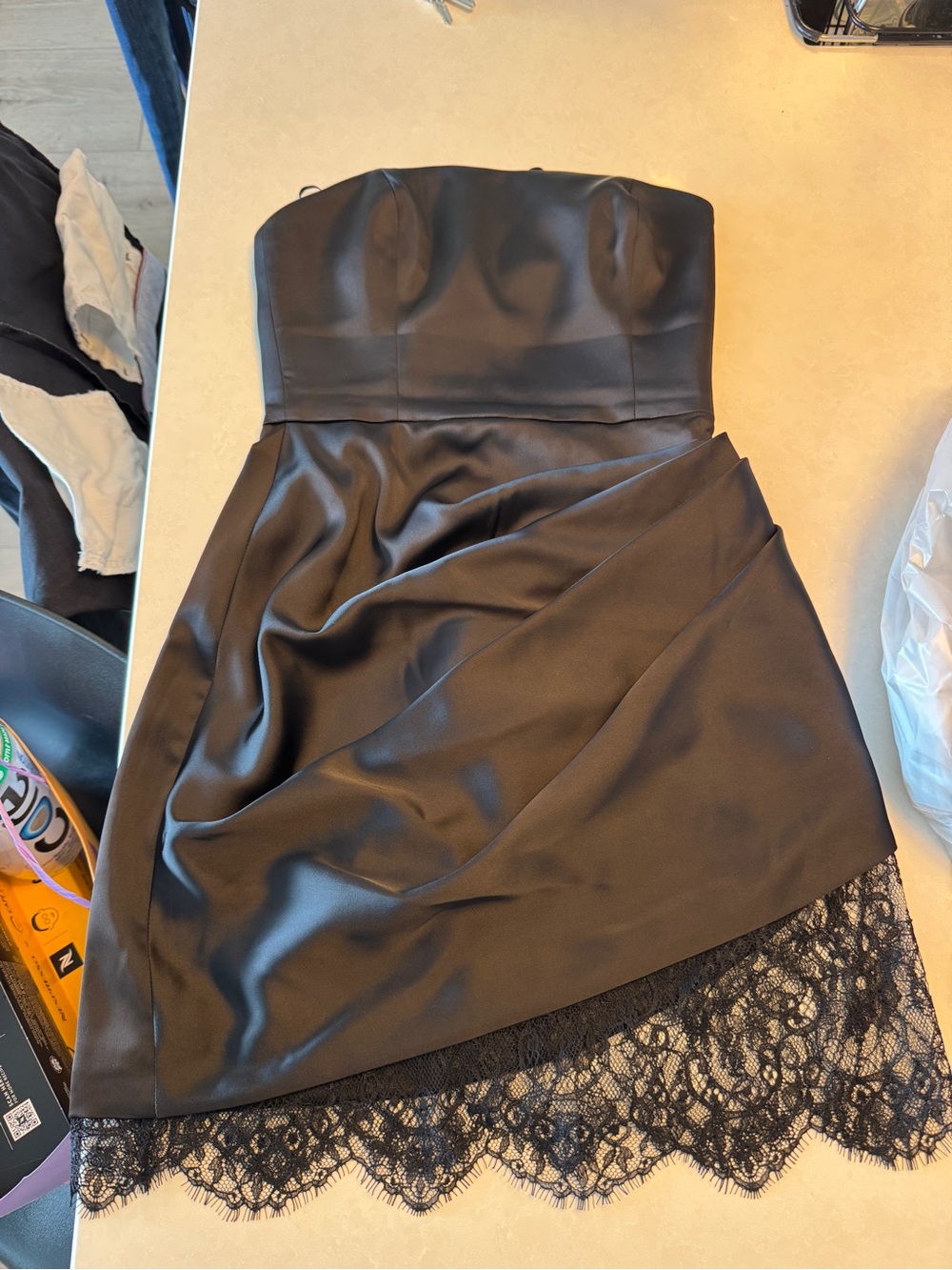 Aritzia Black Strapless Satin Mini Dress with Lace Hem